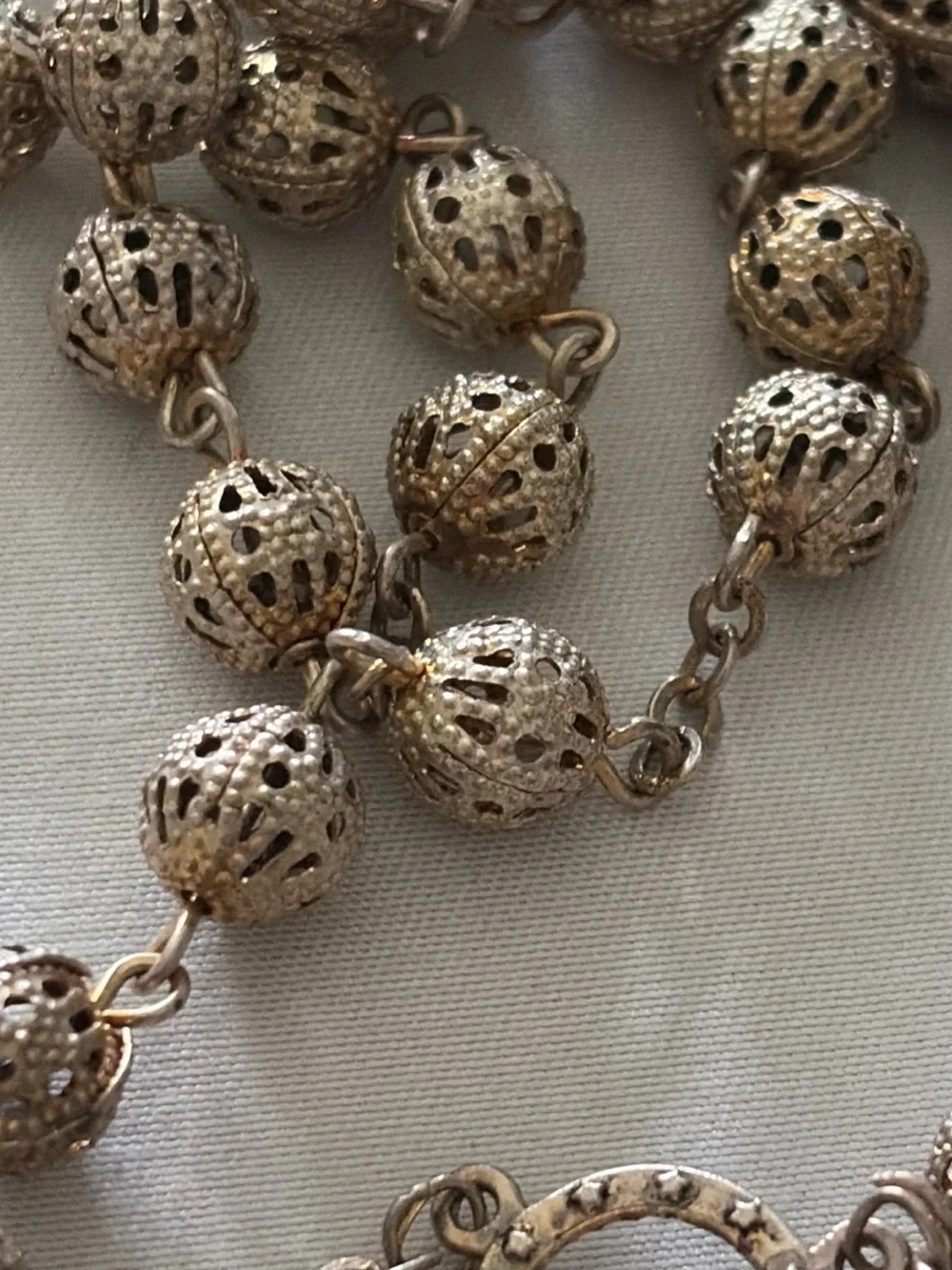 Vintage Filigree Bead Rosary Necklace in Silver Tone